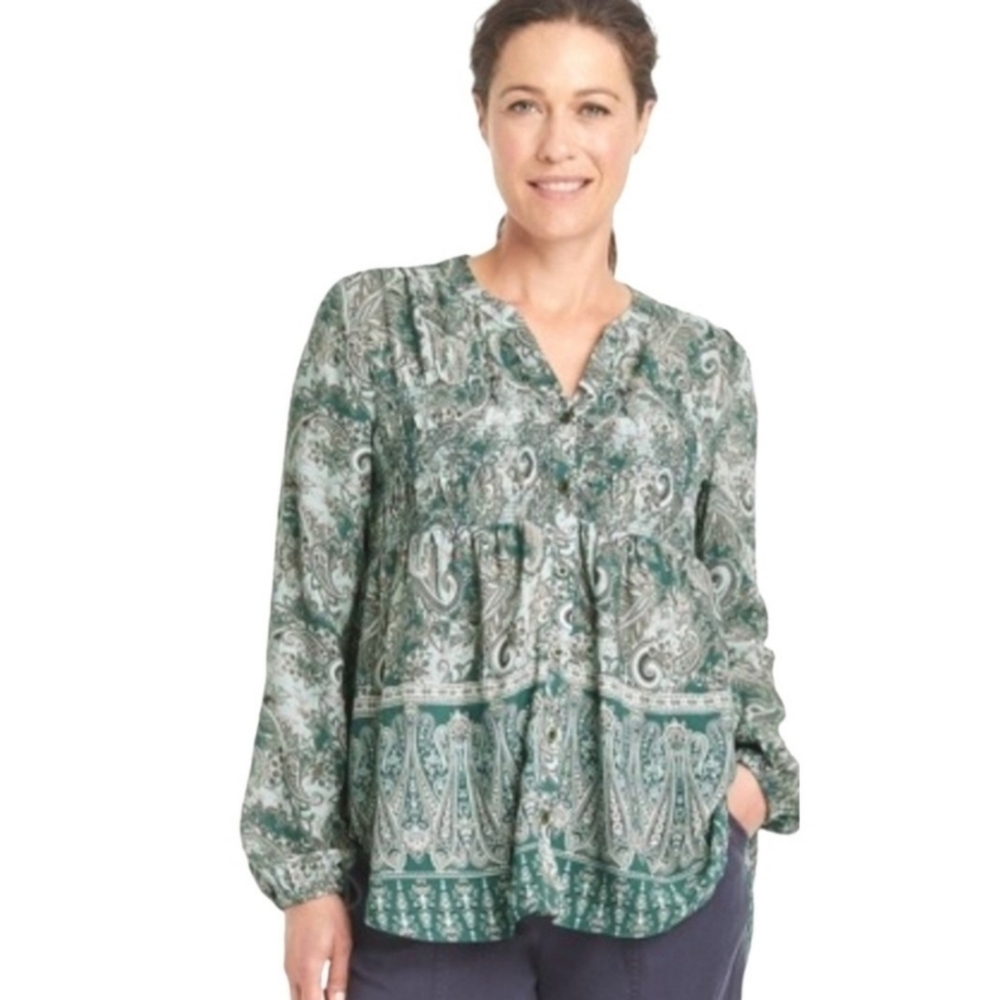 Knox Rose Button Front Smocked Paisley Print Blouse Green Size S